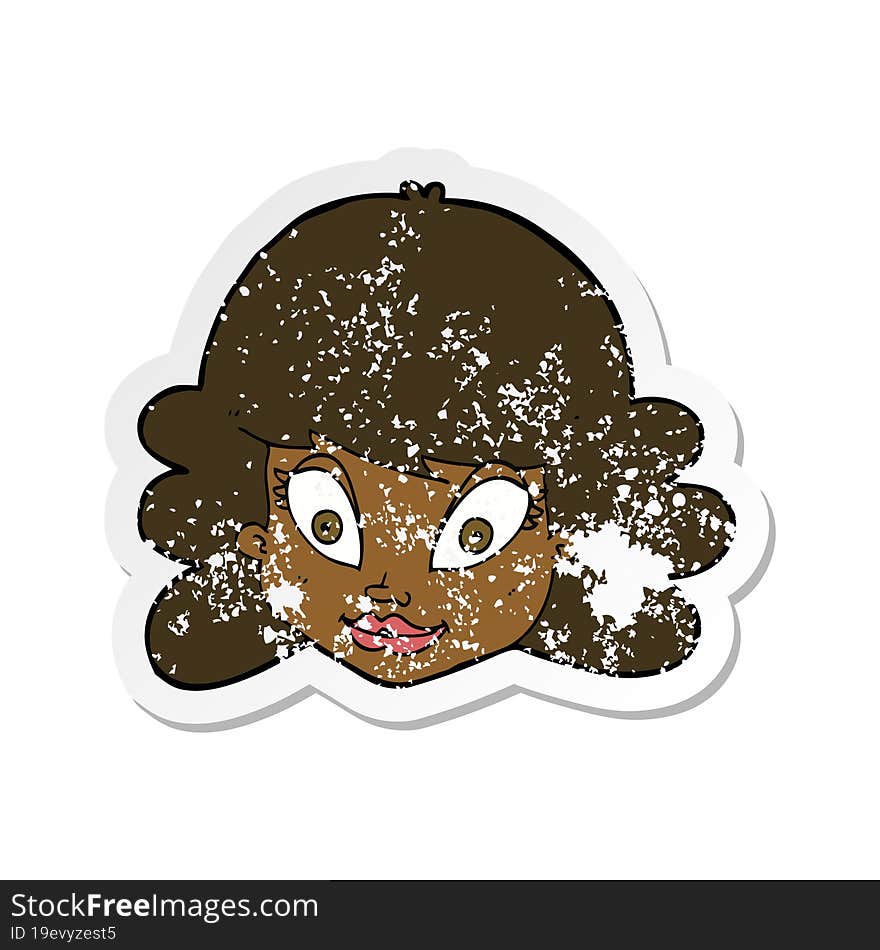 retro distressed sticker of a cartoon happy female face