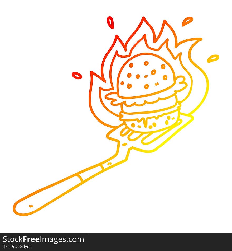 warm gradient line drawing of a cartoon flaming burger on spatula