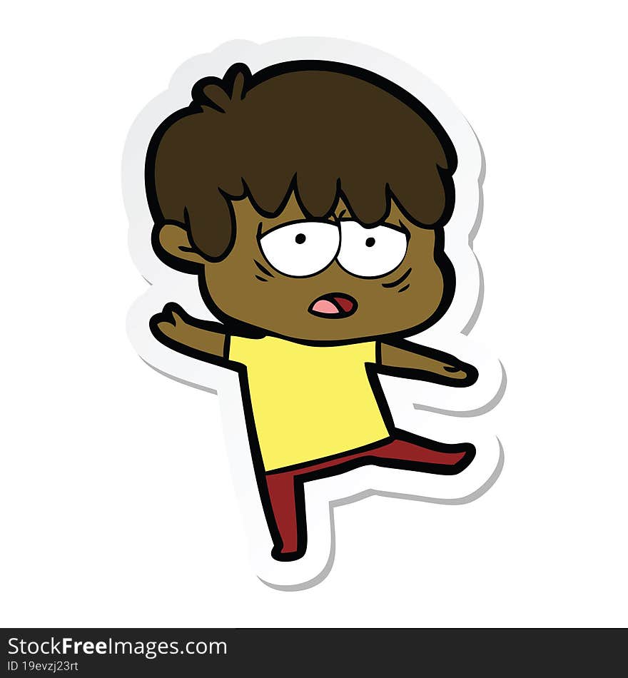 sticker of a cartoon exhausted boy