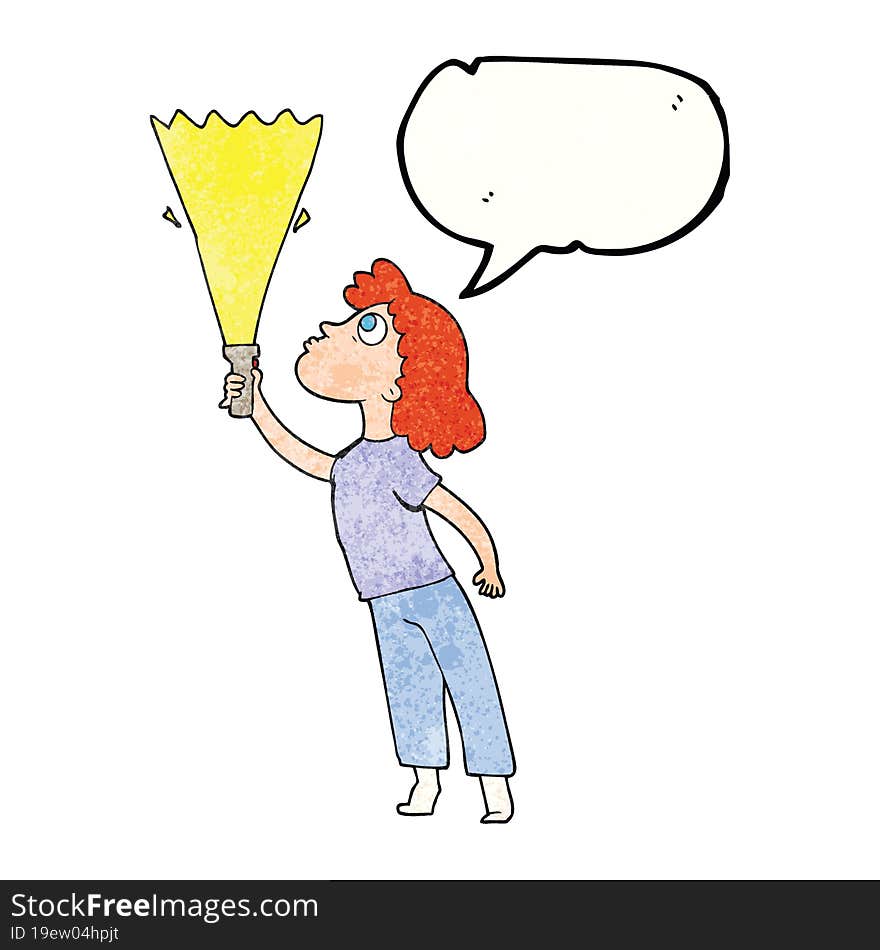 speech bubble textured cartoon woman searching with torch