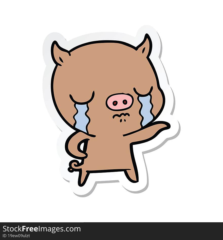 sticker of a cartoon pig crying pointing