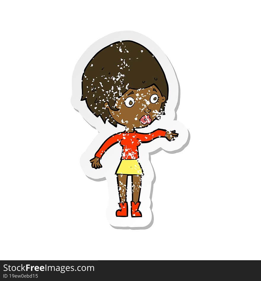 Retro Distressed Sticker Of A Cartoon Concerned Woman Reaching Out