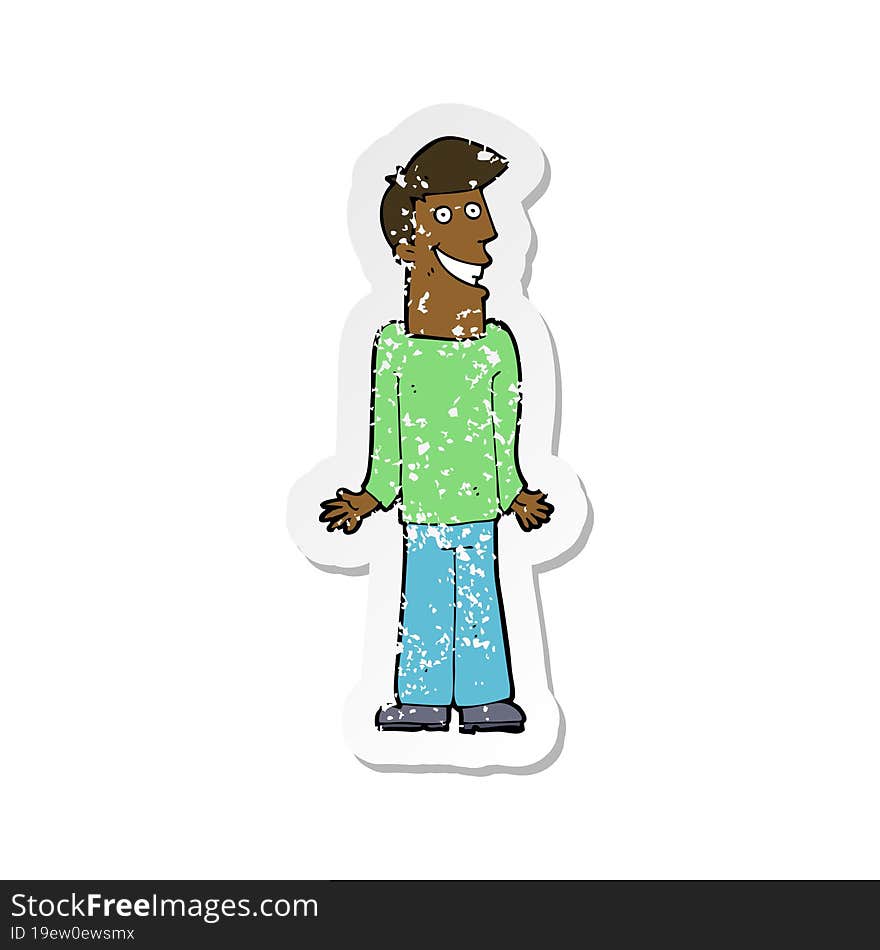 retro distressed sticker of a cartoon man shrugging shoulders