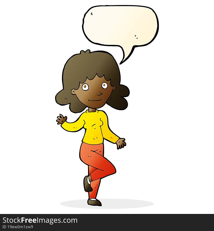 cartoon friendly woman waving with speech bubble