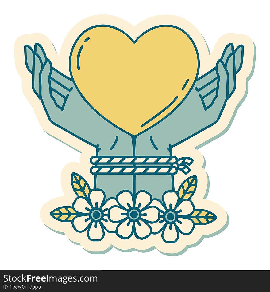 sticker of tattoo in traditional style of tied hands and a heart. sticker of tattoo in traditional style of tied hands and a heart