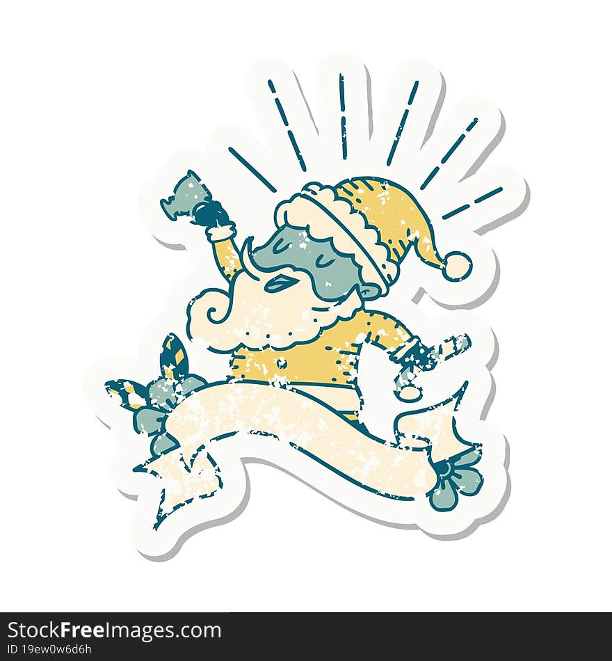 grunge sticker of tattoo style santa claus christmas character celebrating