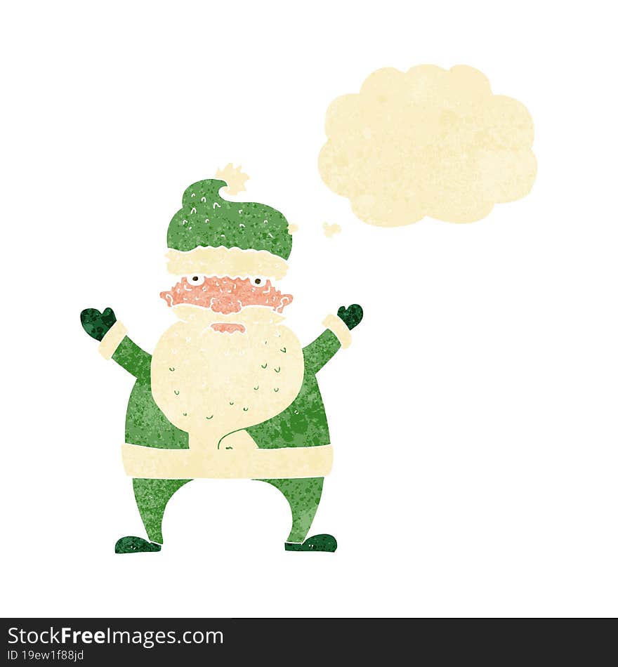 cartoon ugly santa claus with thought bubble