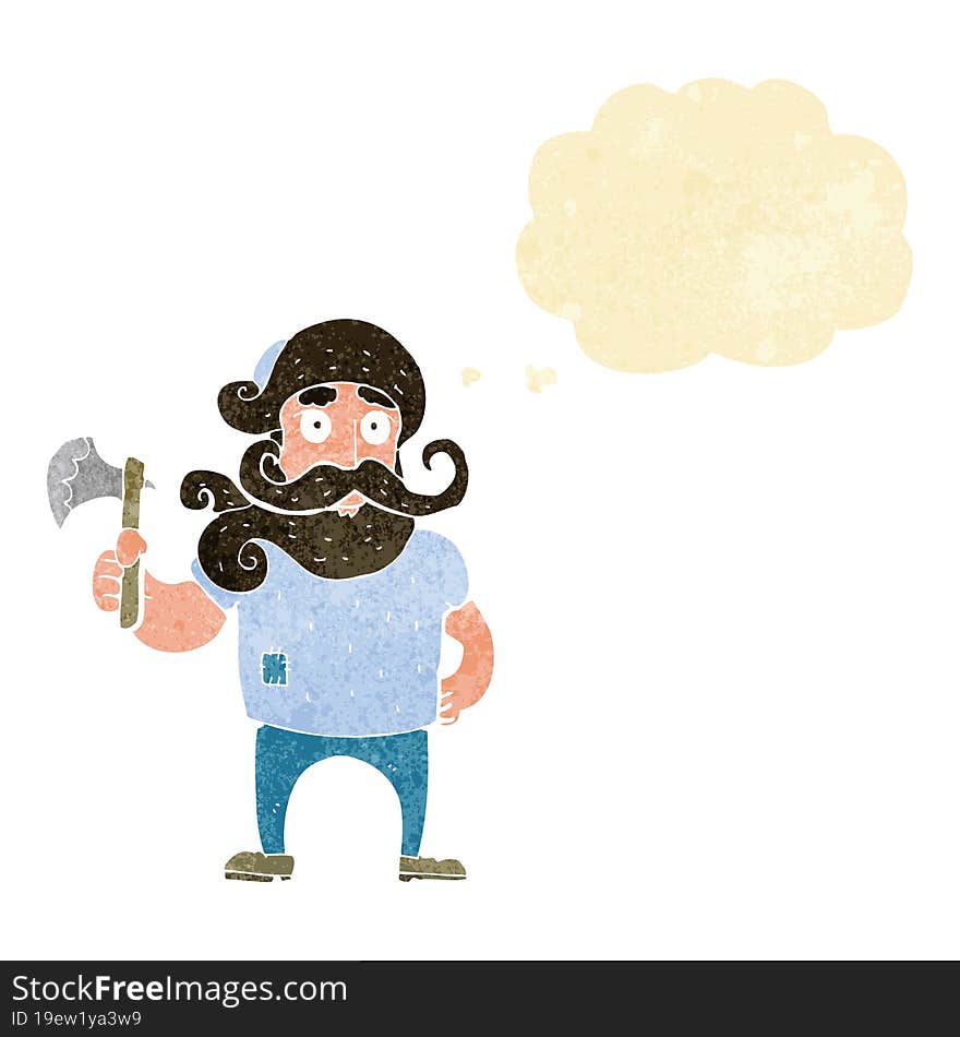 cartoon lumberjack with axe with thought bubble