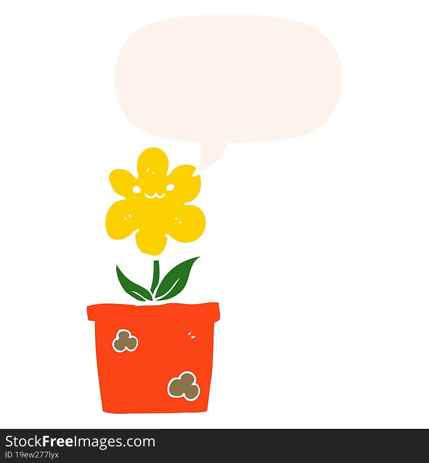 cartoon house plant and speech bubble in retro style