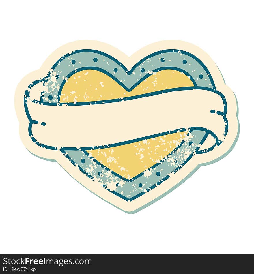 Distressed Sticker Tattoo Style Icon Of A Heart And Banner