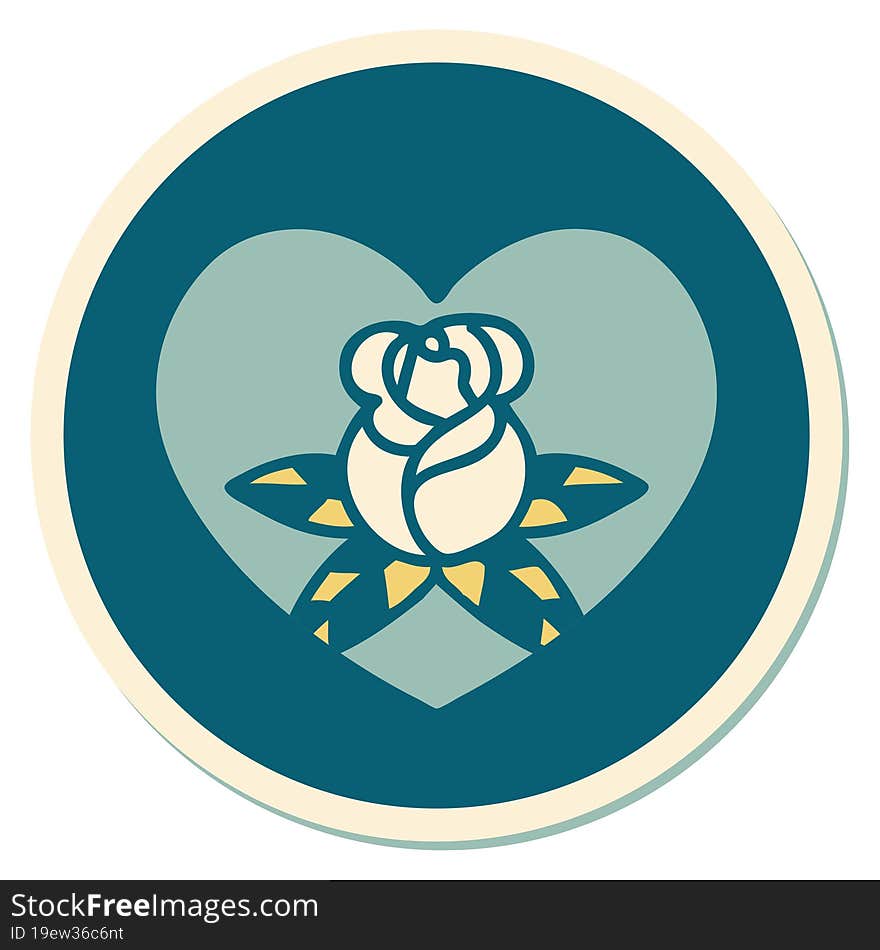 sticker of tattoo in traditional style of a heart and flowers. sticker of tattoo in traditional style of a heart and flowers