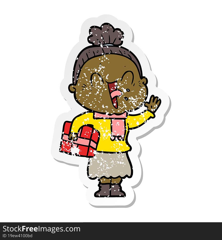 distressed sticker of a cartoon happy old woman