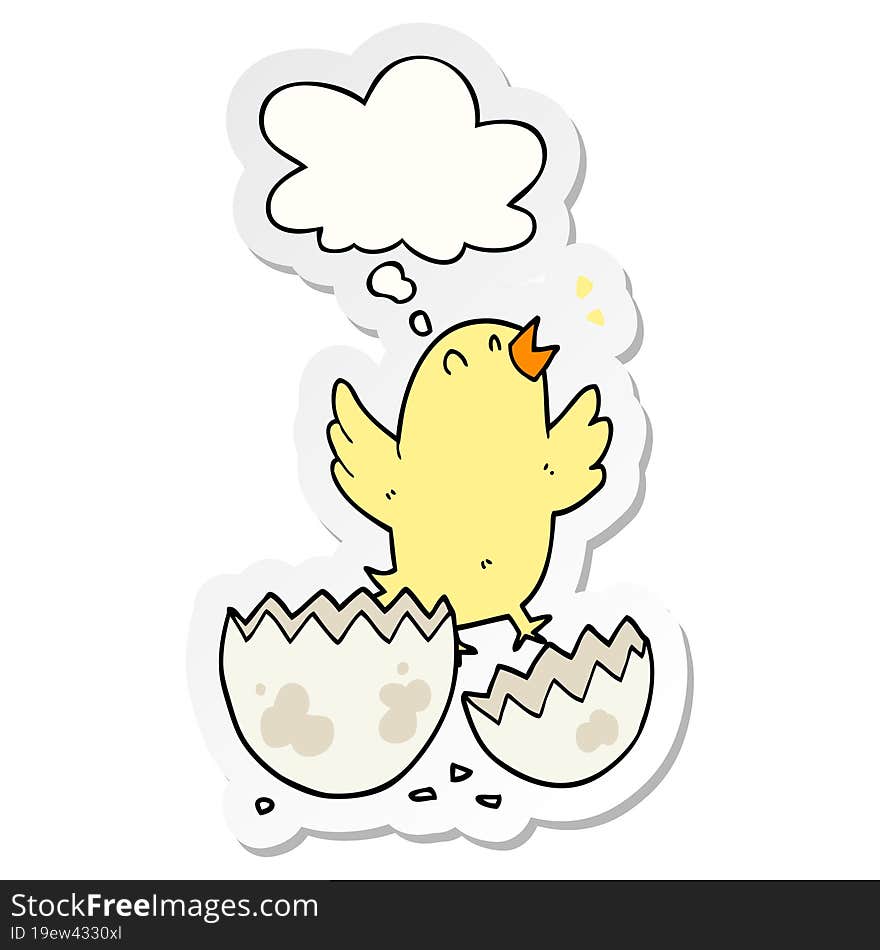 cartoon bird hatching from egg and thought bubble as a printed sticker