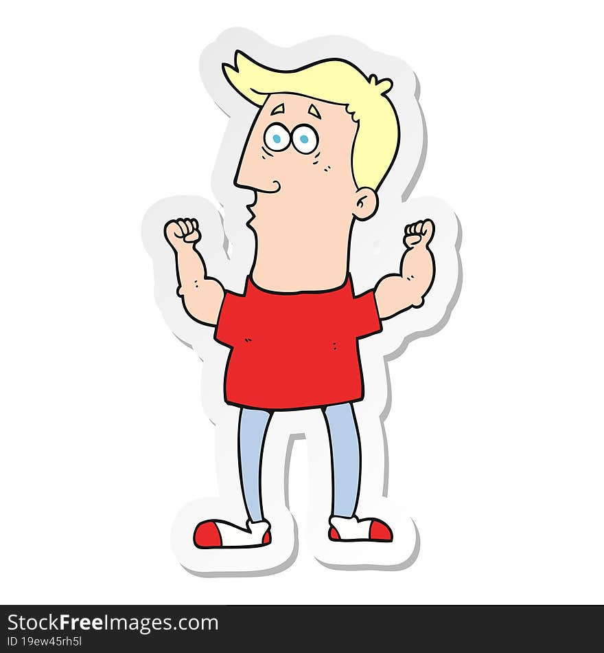 Sticker Of A Cartoon Surprised Man Flexing Biceps