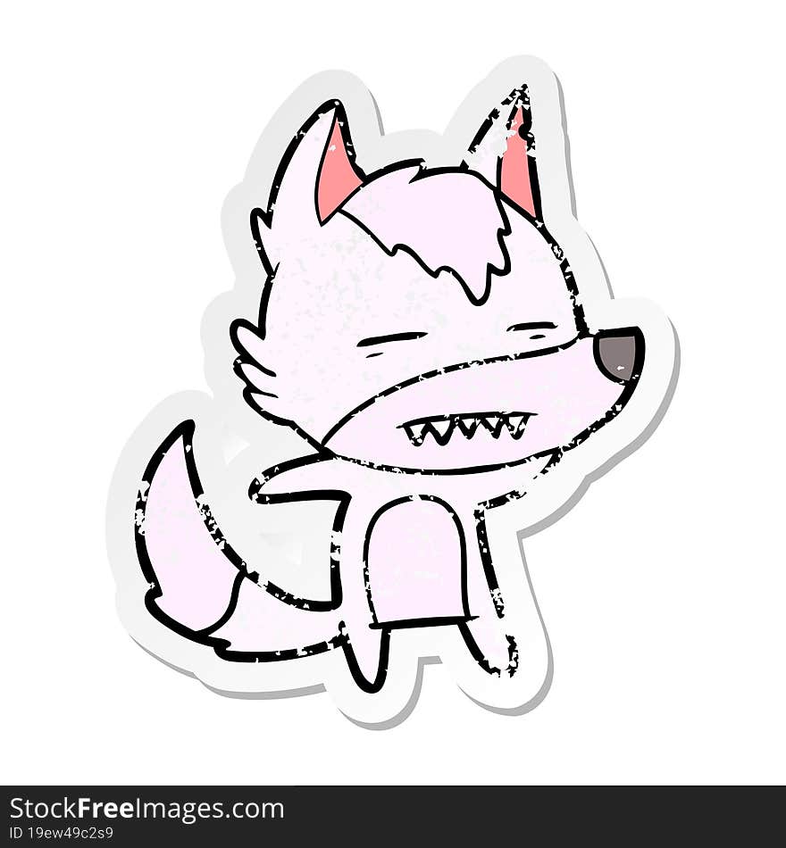 distressed sticker of a cartoon wolf showing teeth