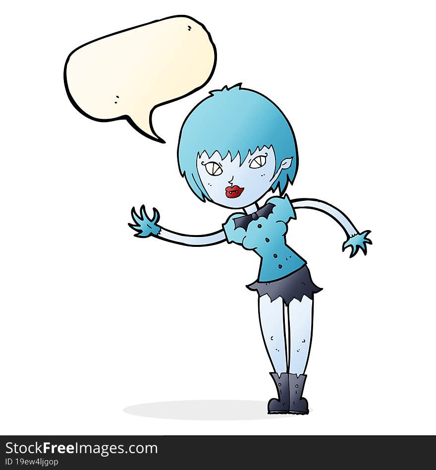 cartoon vampire girl welcoming with speech bubble