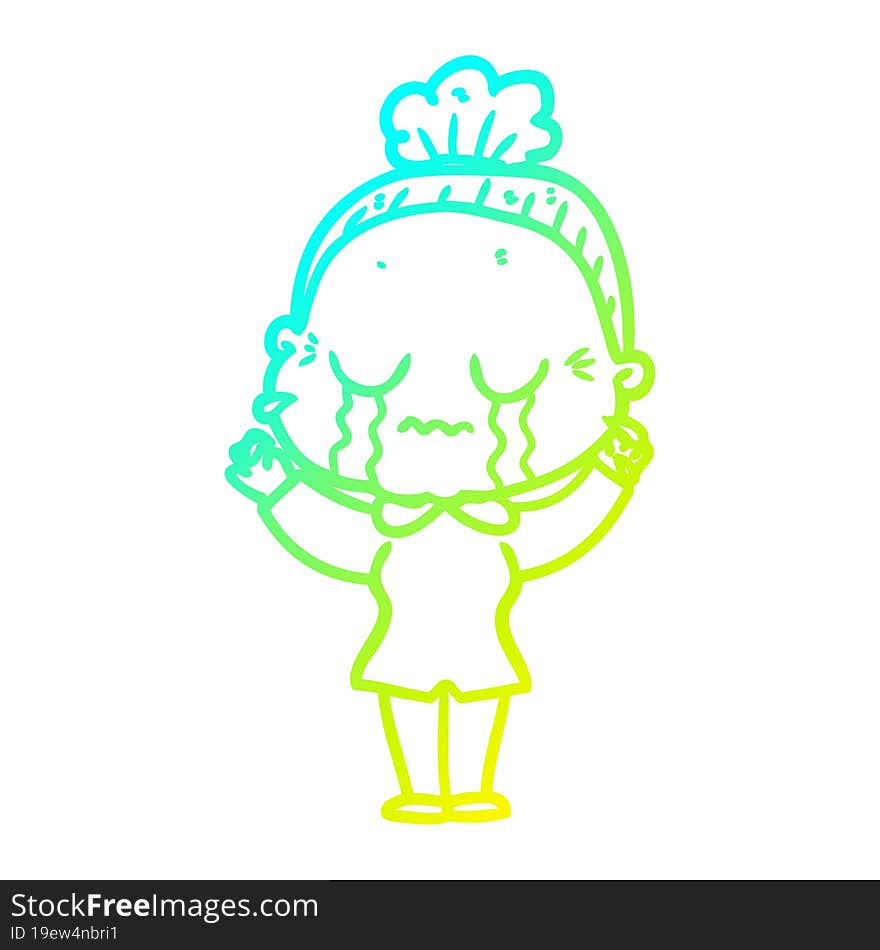 cold gradient line drawing cartoon crying old lady