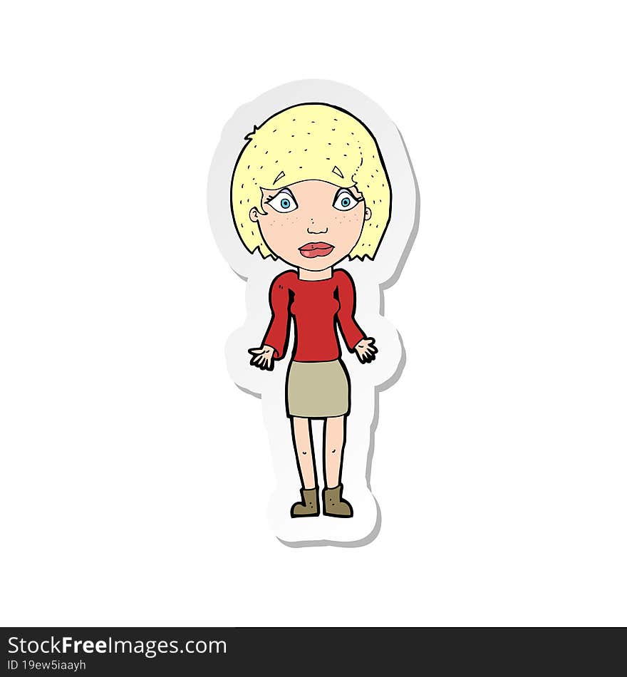 sticker of a cartoon woman shrugging shoulders