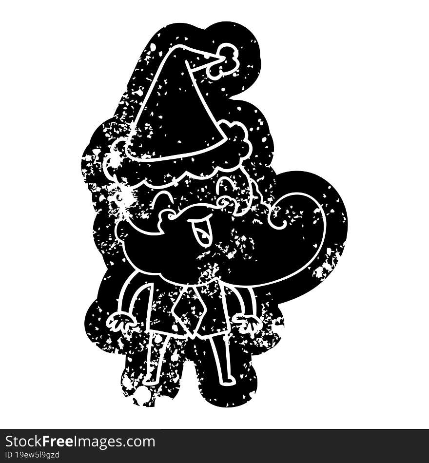 Hand Drawn Cartoon Distressed Icon Of A Happy Bearded Man Wearing Santa Hat