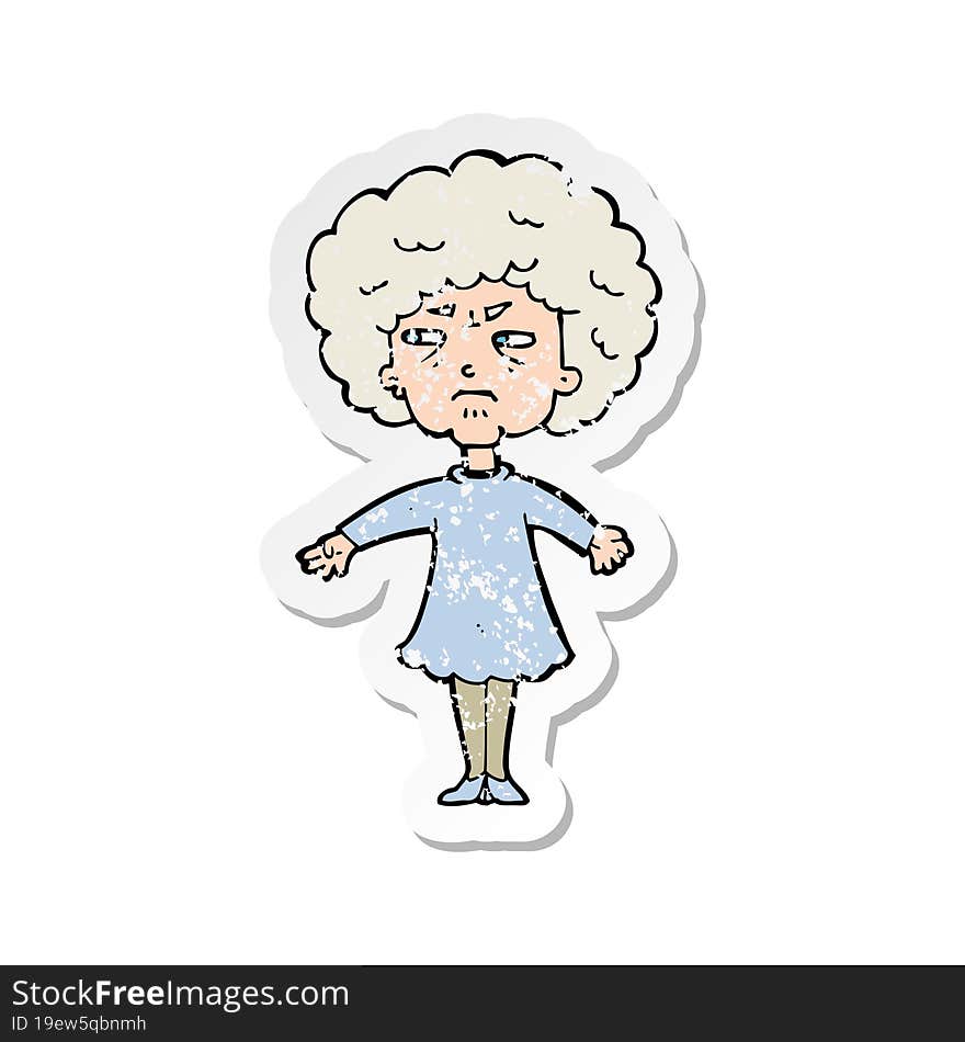 retro distressed sticker of a cartoon bitter old woman