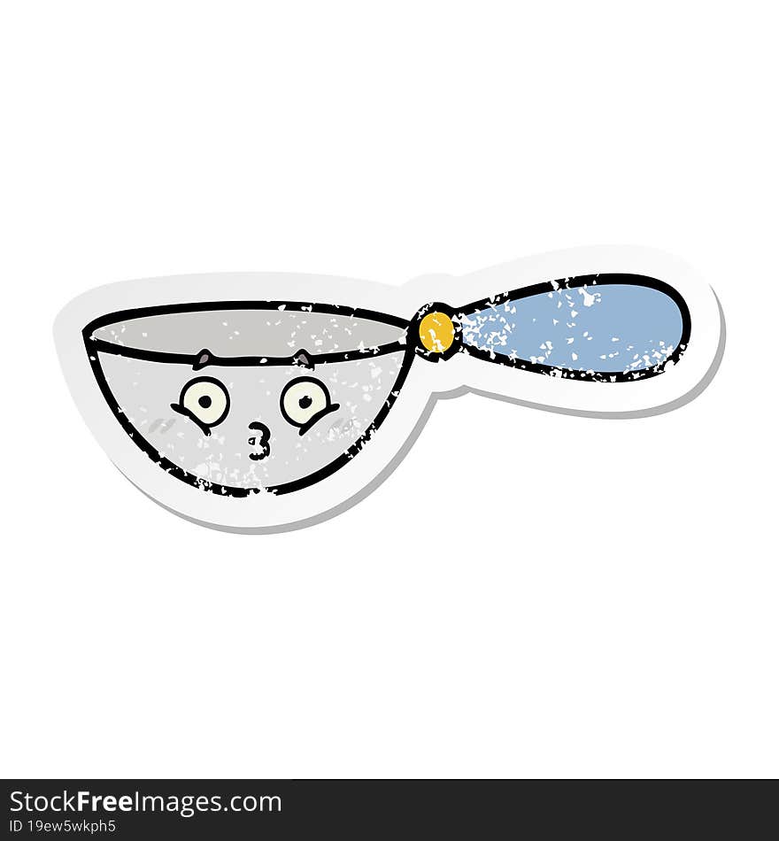 distressed sticker of a cute cartoon measuring spoon