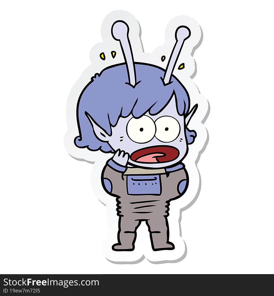 sticker of a cartoon shocked alien girl