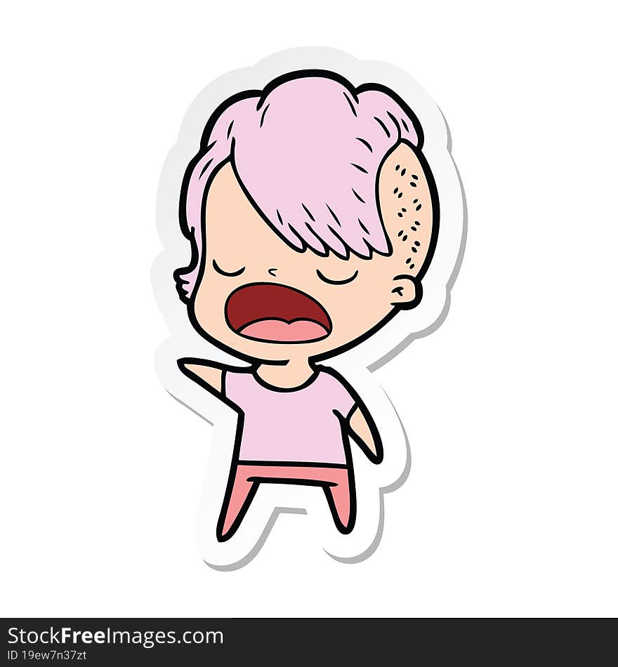 sticker of a cartoon cool hipster girl talking