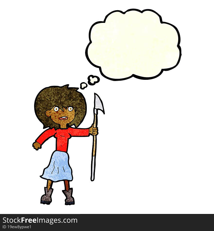 cartoon woman with harpoon with thought bubble