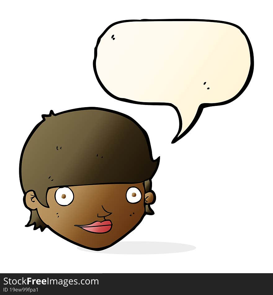 cartoon happy female face with speech bubble