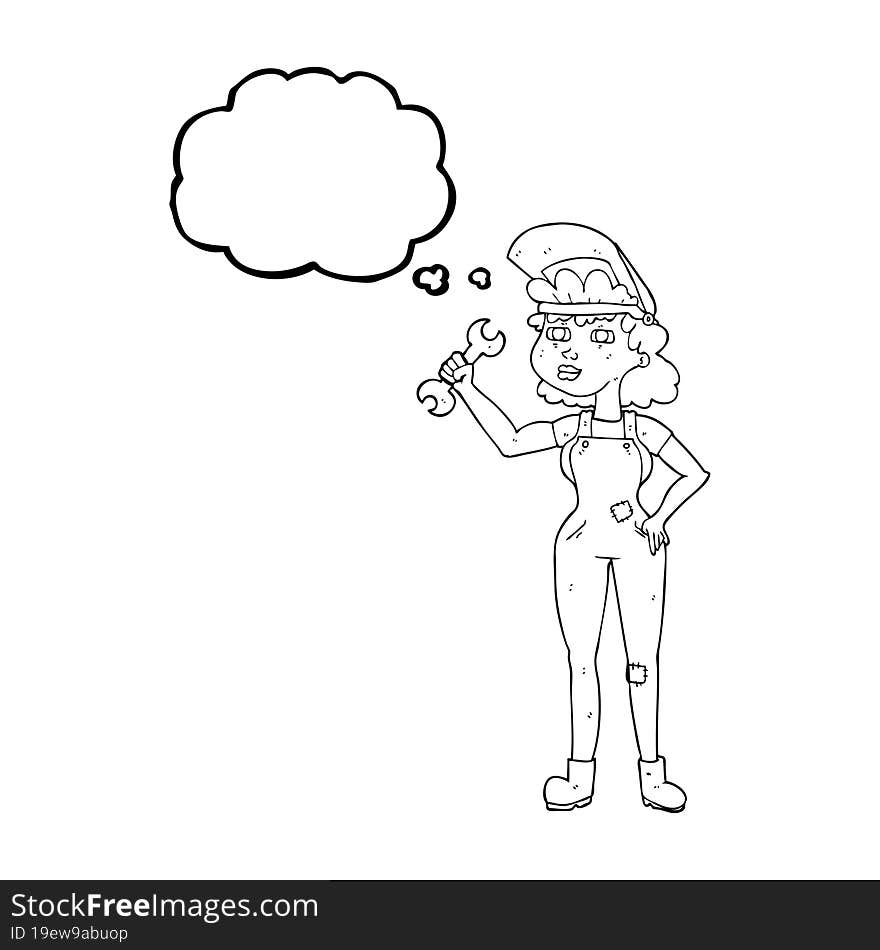 freehand drawn thought bubble cartoon woman with spanner