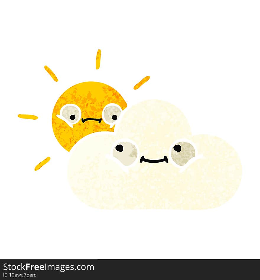 retro illustration style cartoon sunshine and cloud