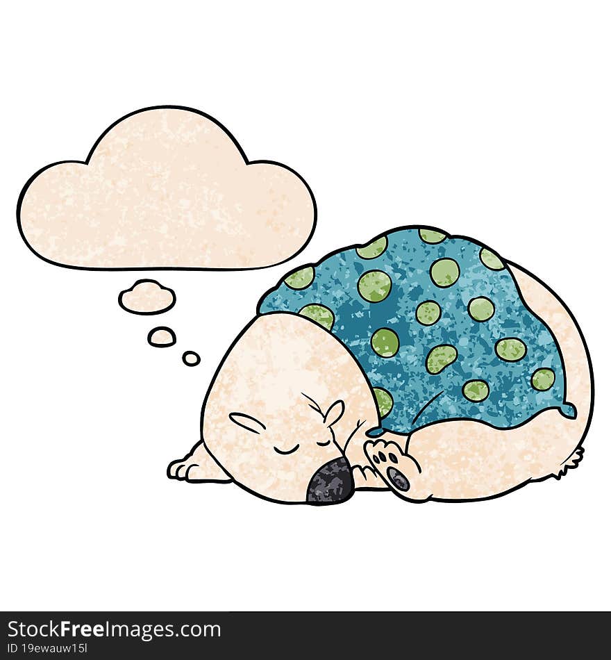 cartoon polar bear sleeping and thought bubble in grunge texture pattern style