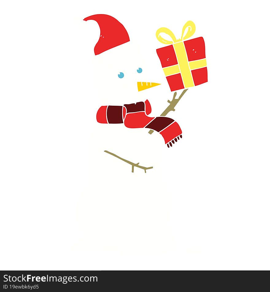 flat color illustration of snowman holding present. flat color illustration of snowman holding present