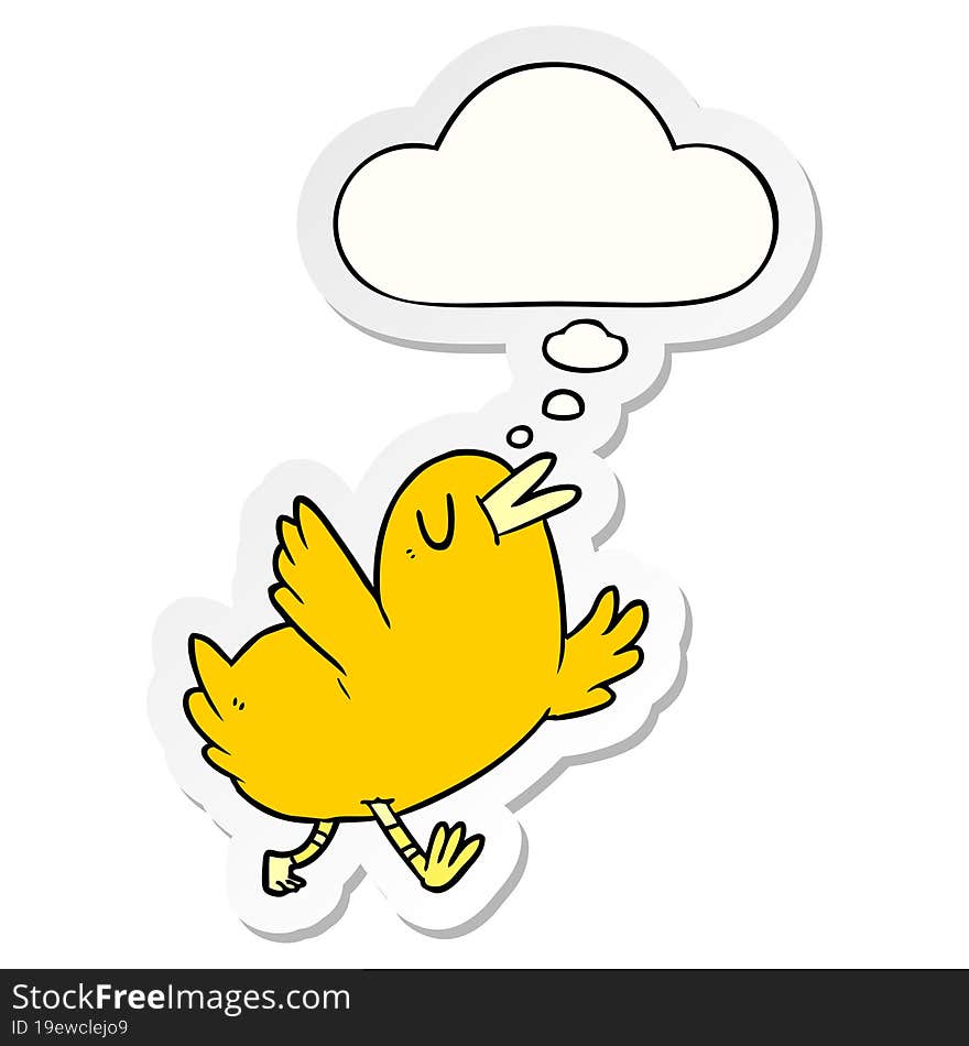 cartoon happy bird with thought bubble as a printed sticker