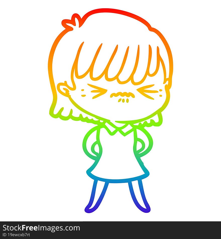 Rainbow Gradient Line Drawing Annoyed Cartoon Girl