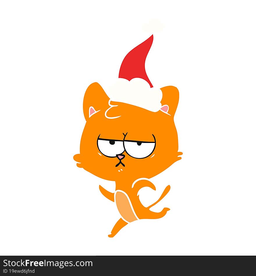 Bored Flat Color Illustration Of A Cat Wearing Santa Hat