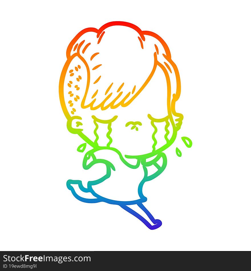 rainbow gradient line drawing cartoon crying girl running away