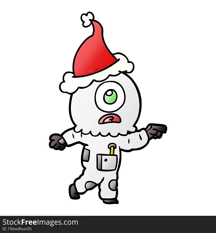 hand drawn gradient cartoon of a cyclops alien spaceman pointing wearing santa hat