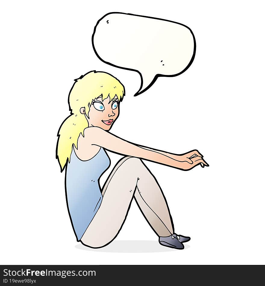 cartoon happy woman sitting with speech bubble