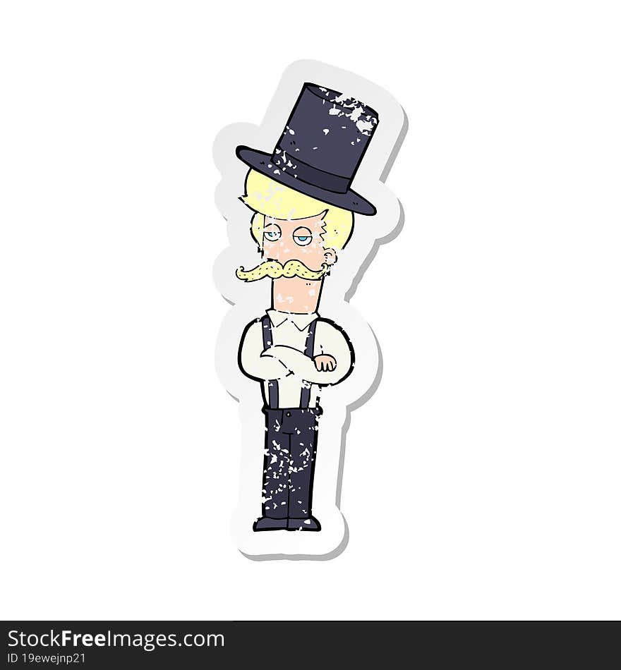 retro distressed sticker of a cartoon man wearing top hat