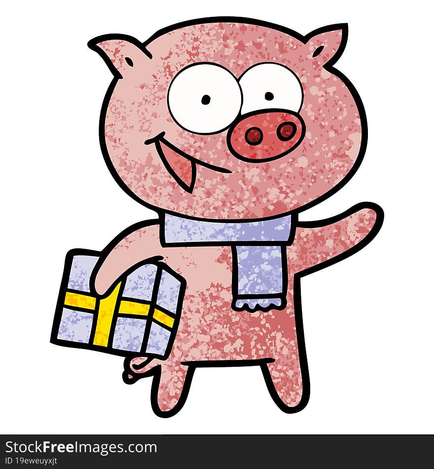 cheerful pig with christmas gift. cheerful pig with christmas gift