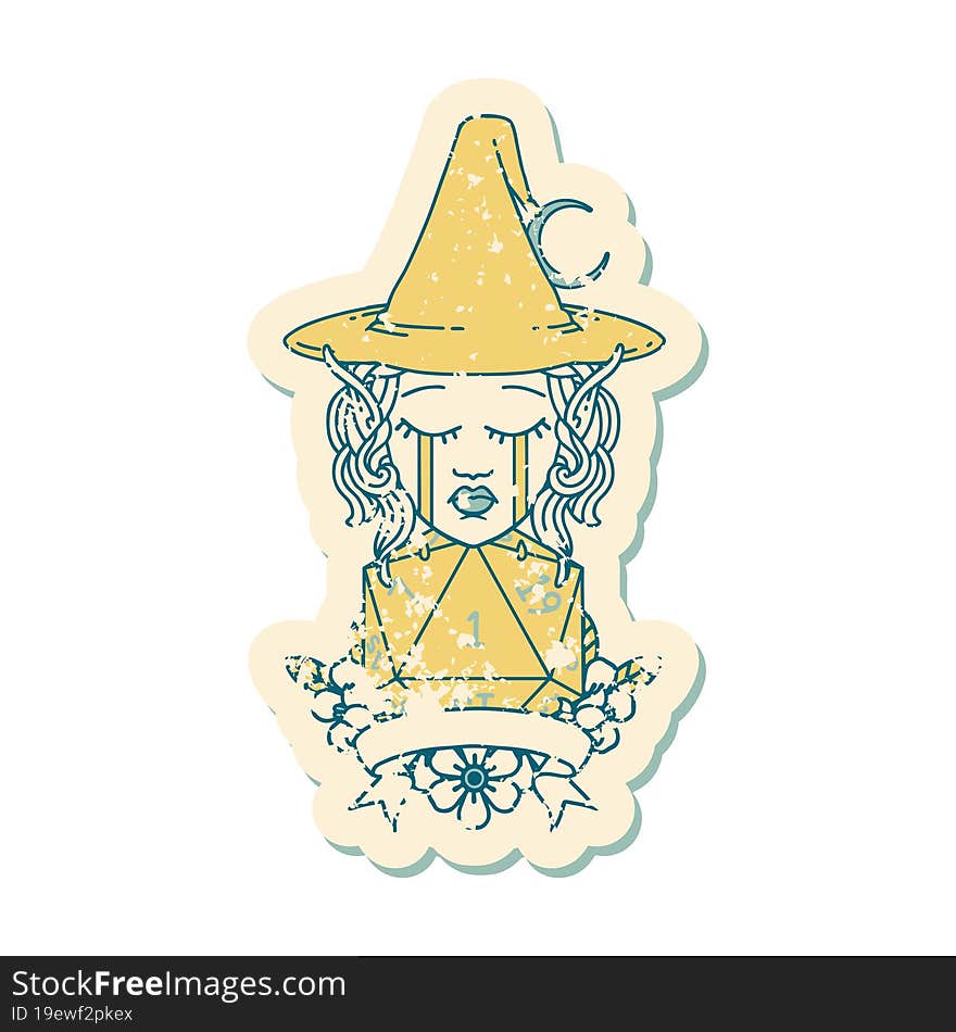 crying elf mage character with natural one dice roll illustration