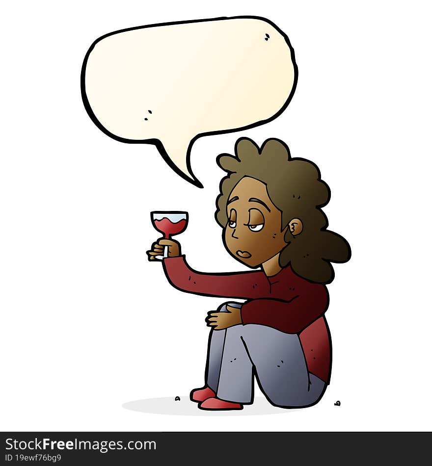 Cartoon Unhappy Woman With Glass Of Wine With Speech Bubble