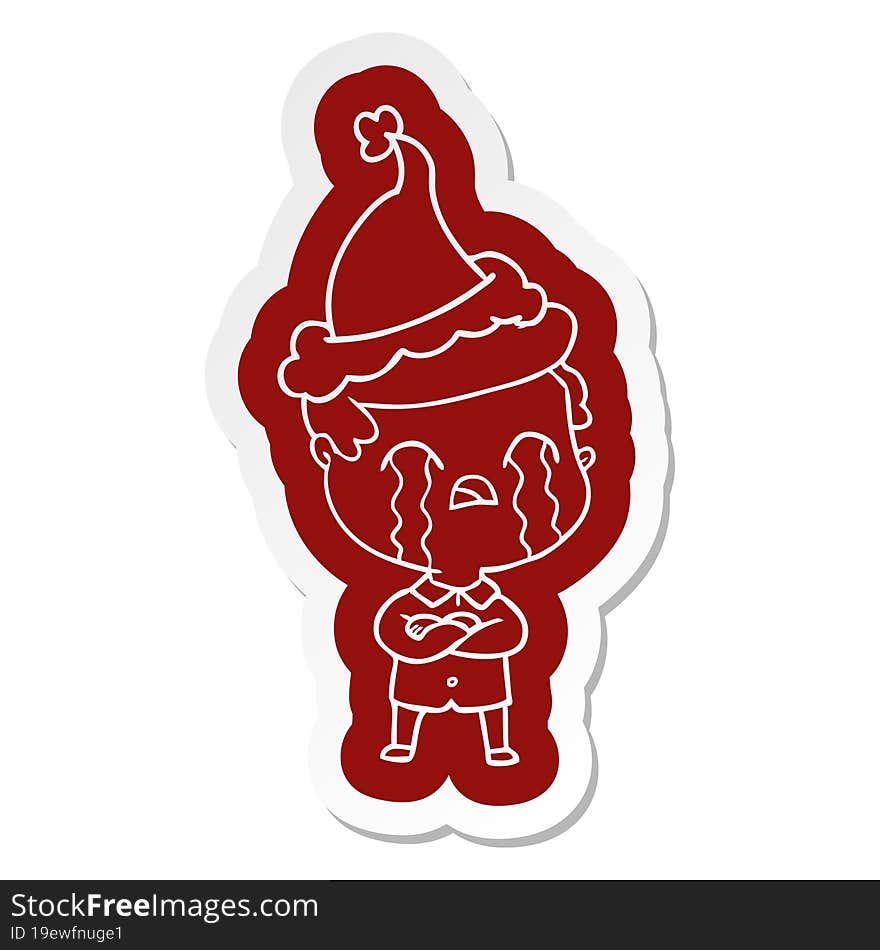 cartoon  sticker of a man crying wearing santa hat