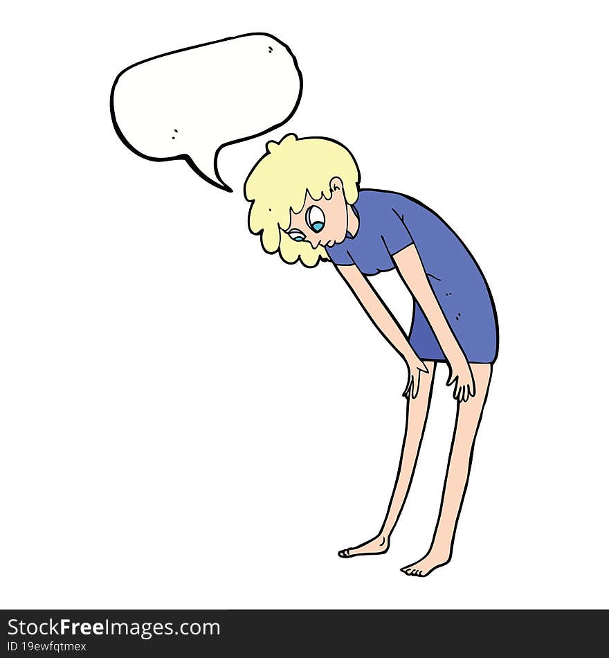 Cartoon Woman Looking At Her Feet With Speech Bubble