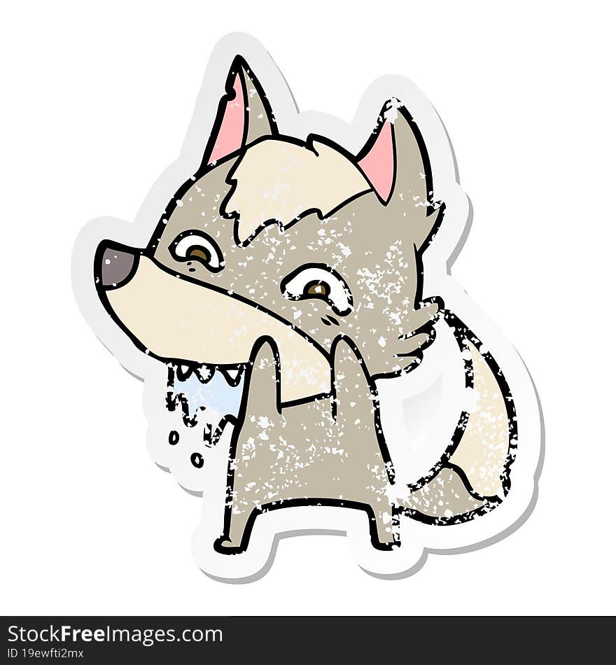 distressed sticker of a cartoon hungry wolf