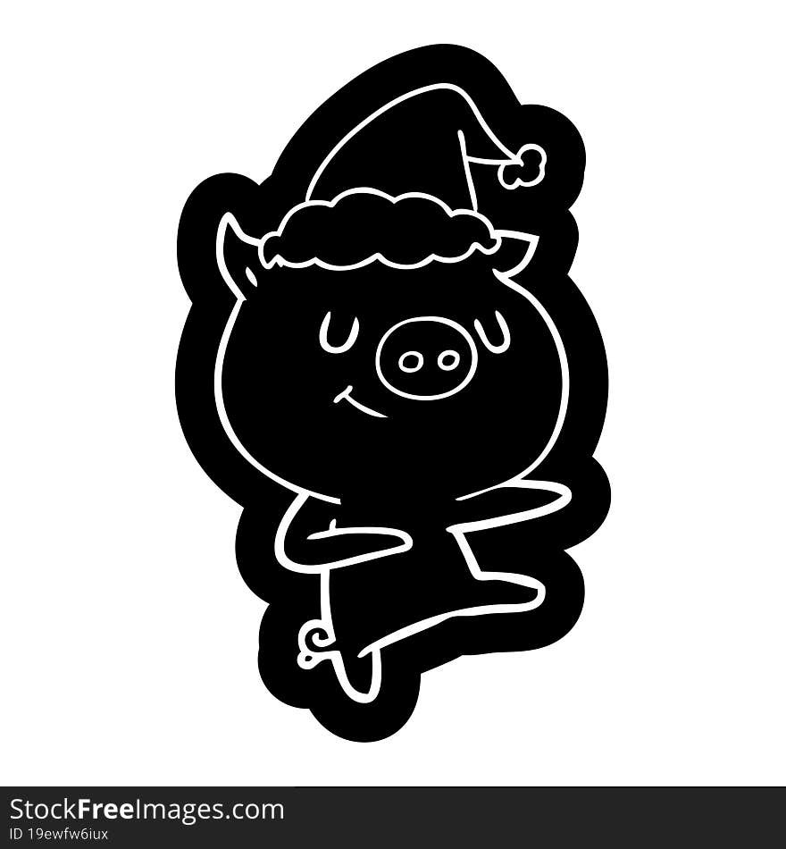 happy cartoon icon of a pig dancing wearing santa hat