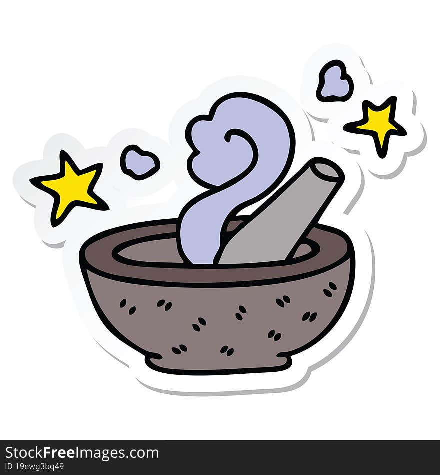 sticker of a quirky hand drawn cartoon magic pestle and mortar