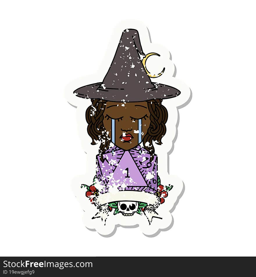 Retro Tattoo Style crying human witch with natural one roll. Retro Tattoo Style crying human witch with natural one roll