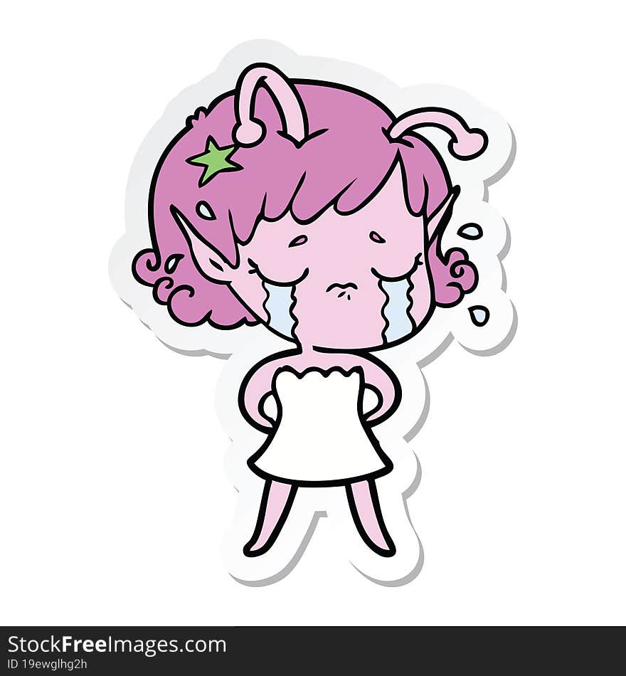 sticker of a cartoon crying alien girl